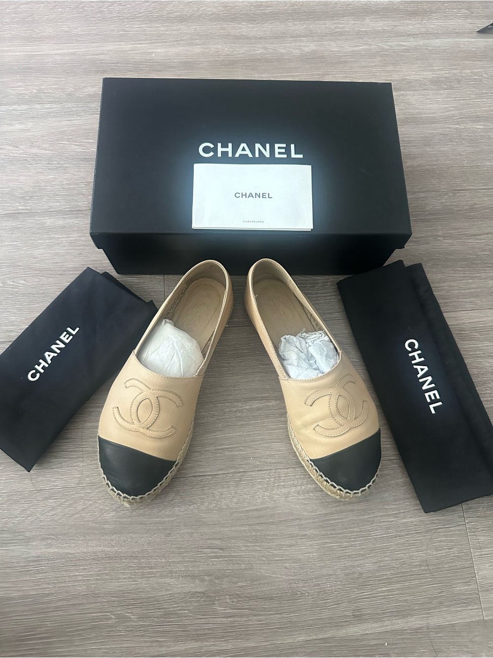 Chanel Beige and Black Leather Espadrille Flats - AUTHENTIC